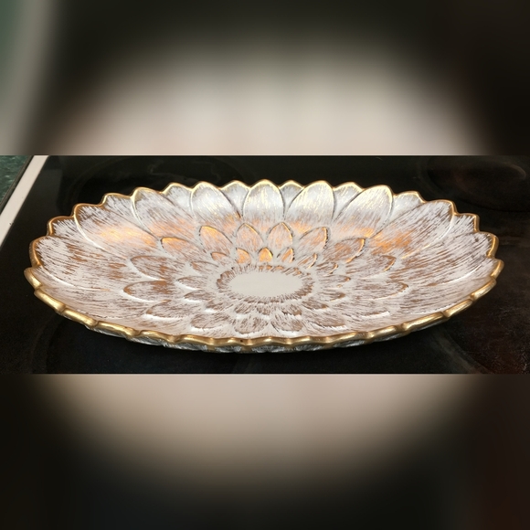 Vintage Royal Haeger Oval Platter Ivory w/Brushed Gold "Water Lily" 364H - Picture 2 of 5